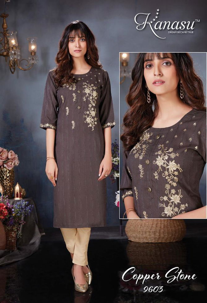 Kanasu Copper Stone Heavy Rayon Fancy Wear Kurti With Bottom Collection